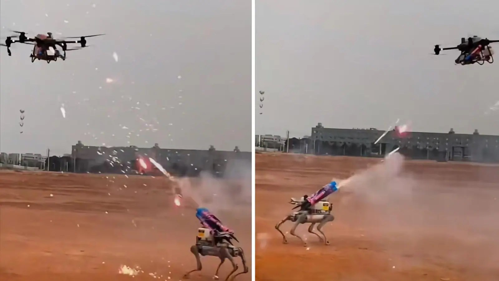 Modern war environment: Dron and robot dog’s fireworks fight